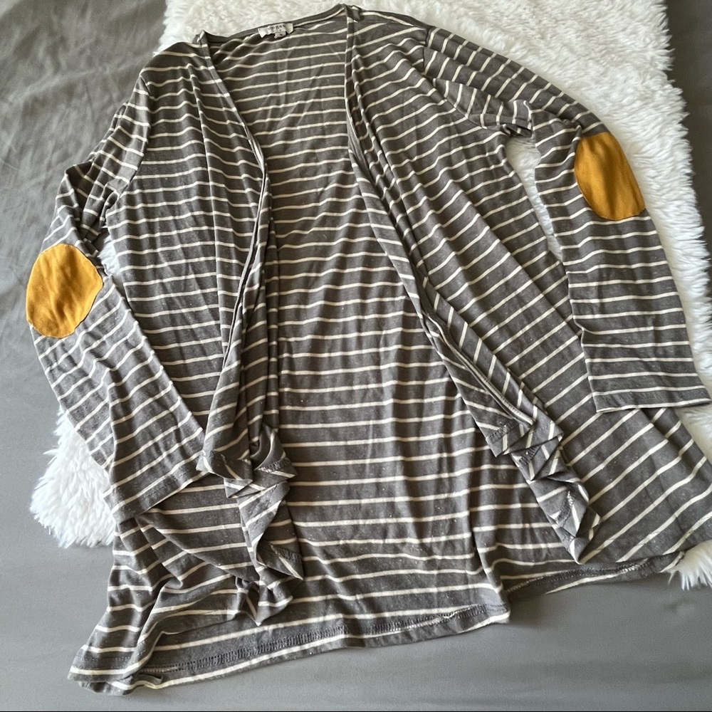 UMGEE Striped Cardigan with Elbow Patches Lightweight Gray White Size M